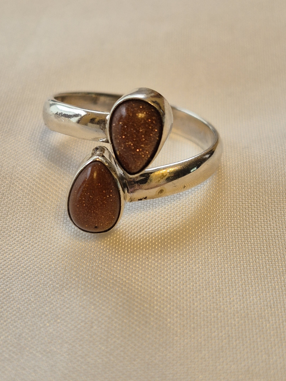 Sterling Silver Gold Stone Over Under Adjustable Ring